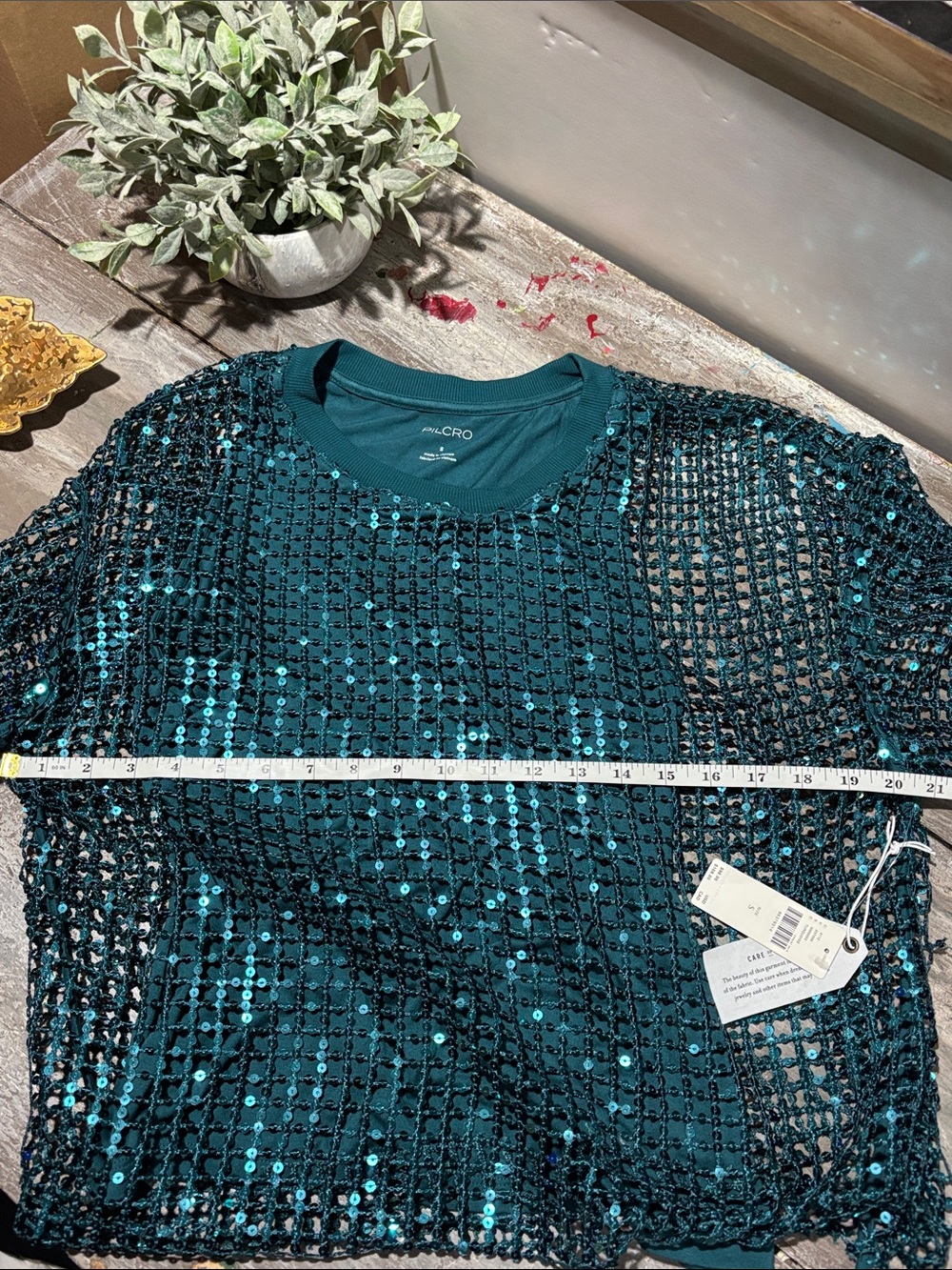NWT Anthropologie Pilcro Sequin Shine Mesh Top - Teal / Turquoise - Size [S] - Picture 8 of 11